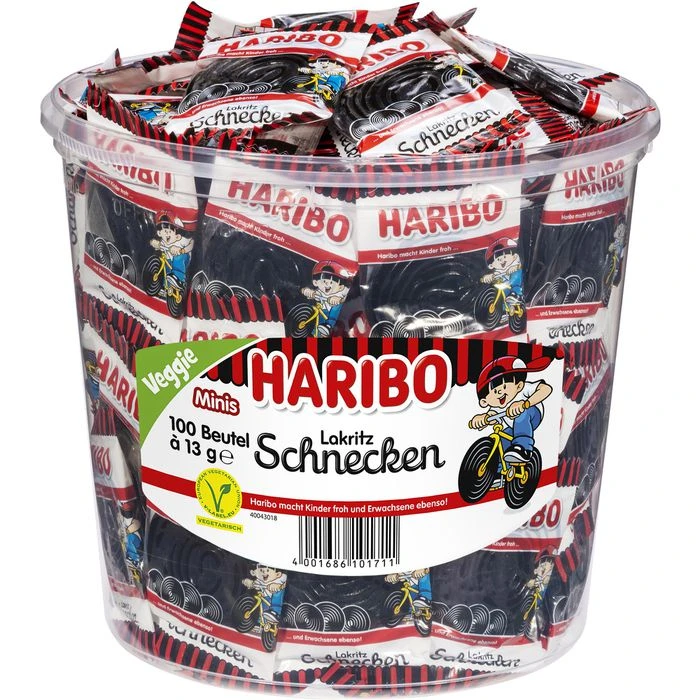 Haribo Lakritz Lakritzschnecken, 100 Minibeutel, 1,3kg, Dose