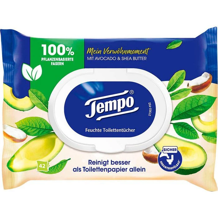 Tempo Toilettenpapier Mein Verwöhnmoment, Feuchte Tücher, Avocado & Shea Butter, 42 Tücher