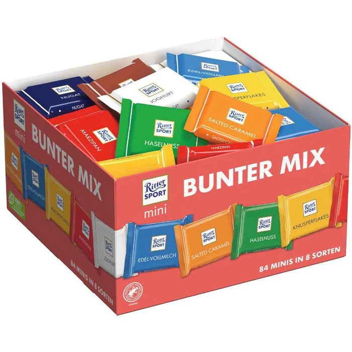 Ritter-Sport Minischokolade Mini Bunter Mix, Vorratsbox, Sortiert, 84 Stück
